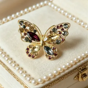 Broche papillon évidée exquise avec strass colorés dans un écrin à bijoux en velours