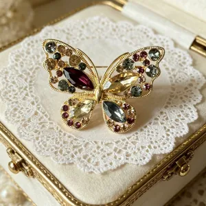 Broche papillon exquise avec strass colorés présentée sur un coffret vintage