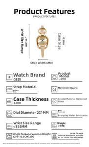 Detailed spec sheet for GEDI women's quartz watch with 27.1mm rose gold steel band
