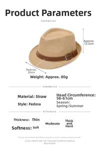 Size chart showing dimensions and material details of the men's jazz straw hat