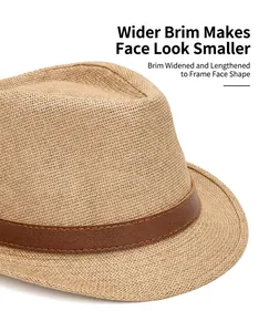Detailed view of the woven straw texture and dark brown leather band on the fedora hat