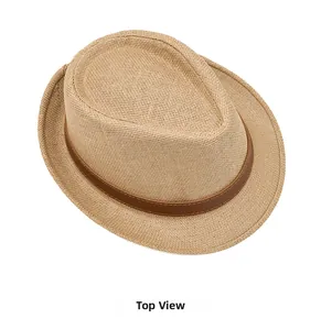 Top view of men's straw fedora hat featuring woven texture and faux leather band decoration