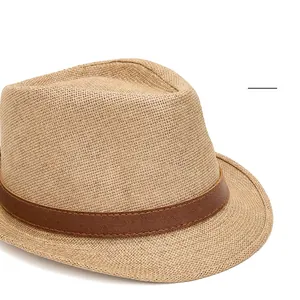 Men's summer straw fedora hat with wide brim and brown leather band for sun protection