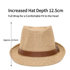 Men's breathable straw fedora hat with brown leather belt and 12.5cm deep crown design
