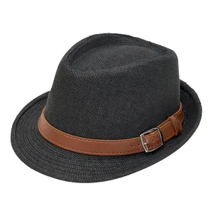 Men's black woven straw jazz fedora hat with brown leather band and silver buckle