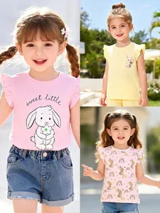 Girls Cotton T-Shirt Cute Cartoon Rabbit Print Flutter Sleeve Summer Short Sleeve Top Casual Tee Clothing For Kids