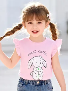 Pink cotton girls t-shirt with cute rabbit print and sweet ruffle flutter sleeves