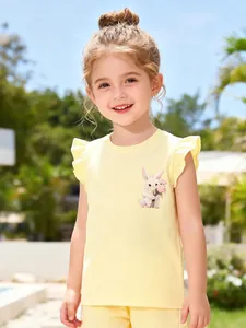 Girls summer yellow short sleeve t-shirt and shorts set with cute bunny print