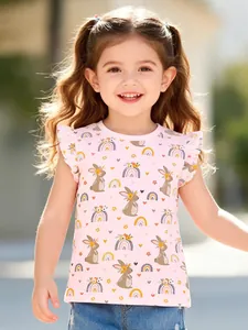 Pink toddler girl short sleeve t-shirt with bunny and rainbow print and ruffled sleeves