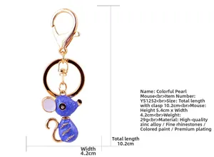 Spécifications de taille pour le porte-clés souris en alliage doré avec perle bleue