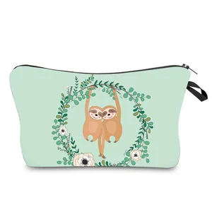 Detail of sloth digital print on water-resistant green travel makeup bag