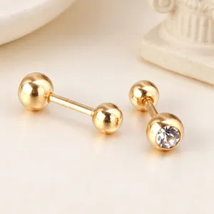 Stainless Steel Barbell Stud Earrings Cubic Zirconia Inlaid Screw Back Piercing Jewelry Fashion Minimalist Women Men