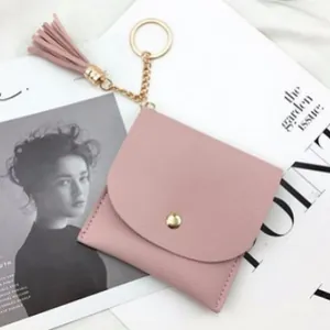 Pink lychee texture faux leather mini coin purse with fringe tassel and gold chain