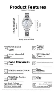 Detailed spec sheet showing silver quartz watch dimensions and crystal bezel features
