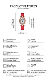 Detailed specs of the oval quartz watch with crystal bezel and red leather strap
