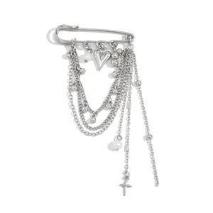 Silver multi-layer safety pin brooch with heart, cross, pearls and bead chain tassels