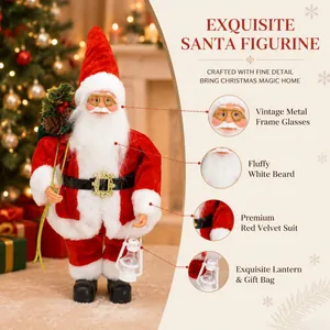 Detail of Santa figurine with vintage glasses, velvet suit and gift bag ornament