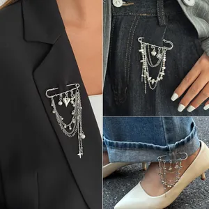 Alloy Rhinestone Heart Star Multi-layer Chain Brooch Safety Pin Tassel Pendant For Women Fashion Clothing Jewelry Accessories