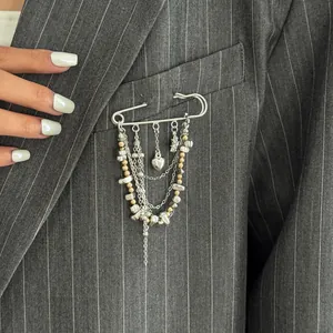 Silver multi-layer heart and star chain brooch pinned on a grey striped suit jacket