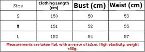 Detailed size chart for elegant V-neck printed long dress showing S, M, L measurements