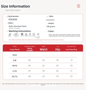 Detailed size chart for high waist yoga pants showing dimensions in XS to XL sizes