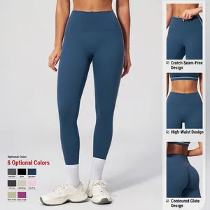 High waist contrast yoga leggings with tummy control and seamless front in mist blue