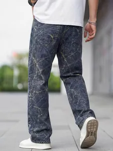 Men's retro wash tie-dye jacquard straight jeans with yellow marble texture pattern