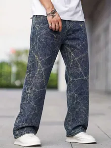 Men's relaxed straight jeans with deep blue tie-dye marble wash and vintage street style