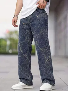 Men's loose straight-leg jeans with tie-dye jacquard pattern and marble wash finish