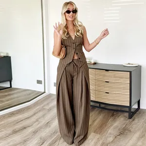 Brown pinstripe two-piece set with V-neck vest and asymmetric wide-leg trousers