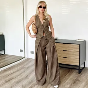 Women Elegant Pinstripe Two Piece Set Sleeveless Backless V-Neck Vest Top And High Waist Wide Leg Pants Polyester Commuting Outfit