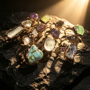 Vintage Natural Raw Stone Adjustable Open Ring Bohemian Healing Crystal Quartz Amethyst For Women Men Handmade Jewelry Gift