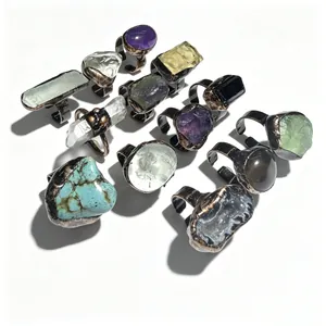 Set of vintage raw crystal rings with adjustable bands and bohemian style design