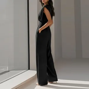 Elegant black one-shoulder sleeveless jumpsuit for women with wide-leg cut and side pockets