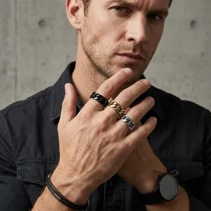 Men's titanium steel Cuban link rings set in black gold and silver finishes