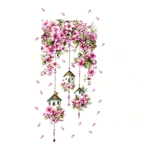 Floral house wall sticker featuring pink cherry blossoms and hanging miniature houses