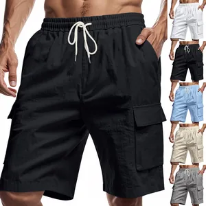 Men's outdoor cargo shorts with drawstring elastic waist and multi-pocket design