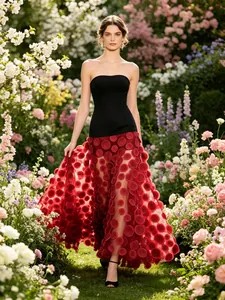 Women Sexy Tube Top Patchwork Maxi Dress With 3D Round Petal Mesh High Waist Formal Evening Gown