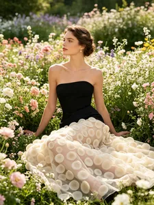 Elegant strapless black slim top combined with white polka dot mesh long dress gown