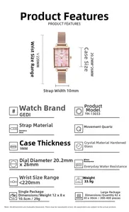 Fiche technique détaillée de la montre à quartz rectangulaire dorée rose avec maille