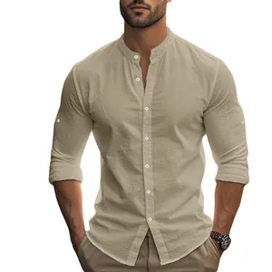 Chemise homme ajustée en coton et lin à manches longues avec col mao en beige