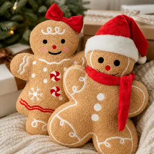 Close-up of plush gingerbread man and woman dolls with festive soft fleece texture