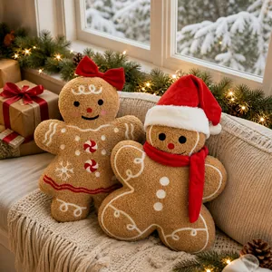 Christmas gingerbread man plush pillow set with red bow and hat in festive home decor