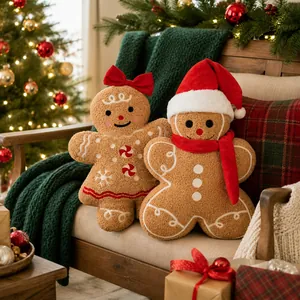 Set of gingerbread man plush pillows with Christmas decorations and teddy fleece