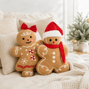 Close-up of gingerbread man plush pillows with festive decorations in a cozy setting