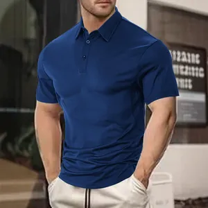 Classic navy blue men's polo shirt featuring a three-button placket and breathable fabric