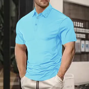 Sky blue short sleeve polo shirt for men featuring a classic lapel and slim fit design