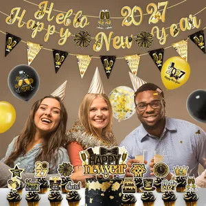 2027 New Year party decoration set with black gold banners, balloons, and cake toppers