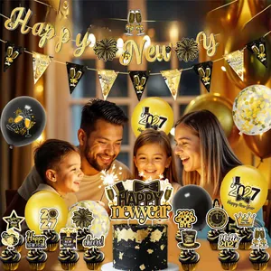 Detailed set of black and gold 2027 New Year party banners, balloons and cake toppers