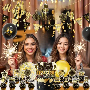New Year party decor kit with gold Happy New Year banners, 2027 balloons and cake toppers